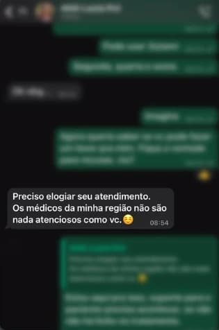 Mensagem de paciente elogiando o atendimento e a atenção do doutor