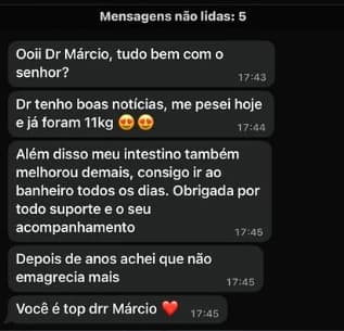 Mensagem de paciente contando que perdeu 11 kg e que o intestino melhorou